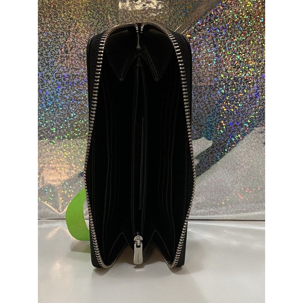 COACH BLACK LEATHER Accordion Zip Wallet w/Studded Coach Script + TISSUE PAPER - Picture 8 of 16